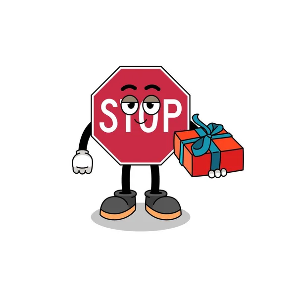Stop Road Sign Mascota Ilustración Dando Regalo Diseño Carácter — Vector de stock
