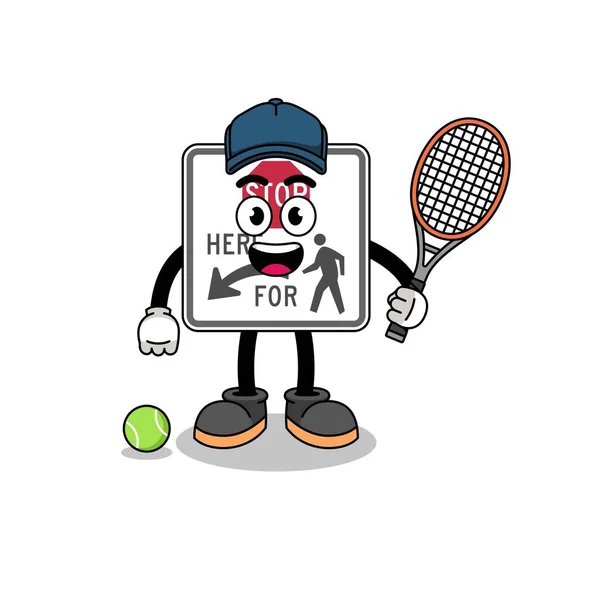 Stop Hier Voor Voetgangers Illustratie Als Tennisspeler Karakter Ontwerp — Stockvector