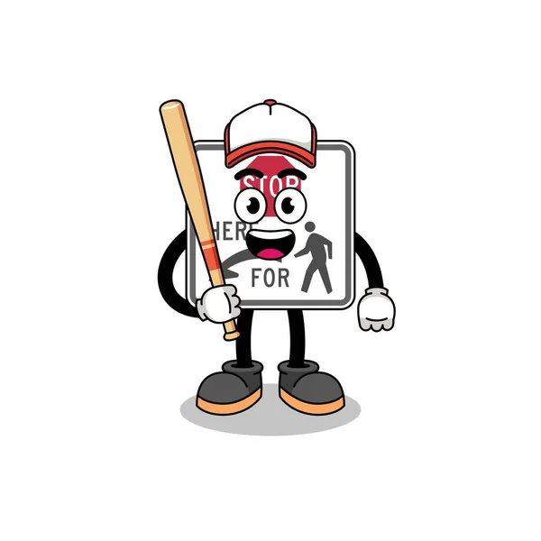 Stopp Hier Für Fußgänger Maskottchen Cartoon Als Baseballspieler Charakter Design — Stockvektor