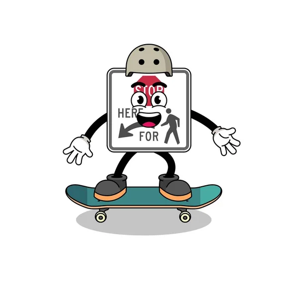 Haltestelle Für Fußgänger Maskottchen Spielen Ein Skateboard Charakter Design — Stockvektor
