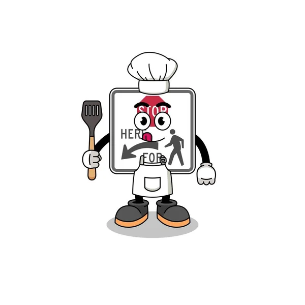 Mascotte Illustration Arrêt Ici Pour Les Piétons Chef Character Design — Image vectorielle