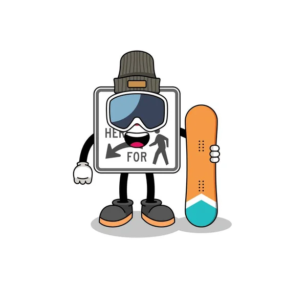 Mascota Dibujos Animados Parada Aquí Para Peatones Snowboard Jugador Diseño — Vector de stock