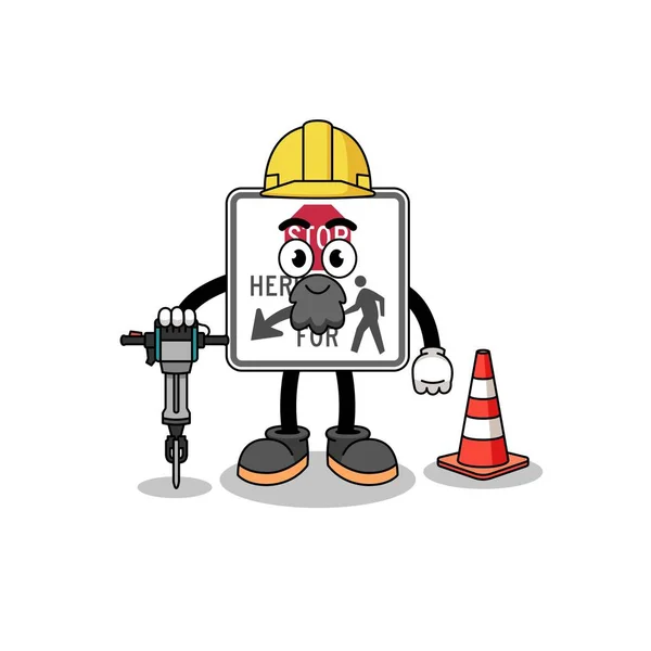 Charakter Cartoon Der Haltestelle Hier Für Fußgänger Die Straßenbau Arbeiten — Stockvektor
