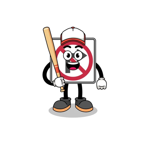 Žádná Doprava Odbočit Silniční Značka Maskot Karikatura Jako Hráč Baseballu — Stockový vektor
