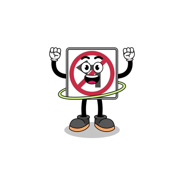 Character Illustration Left Turn Road Sign Playing Hula Hoop Character — Stock Vector