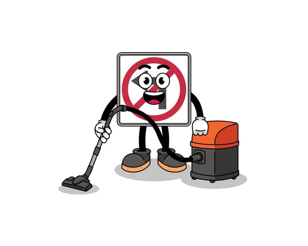 掃除機を保持していない左折道路標識のキャラクターマスコット キャラクターデザイン — ストックベクタ