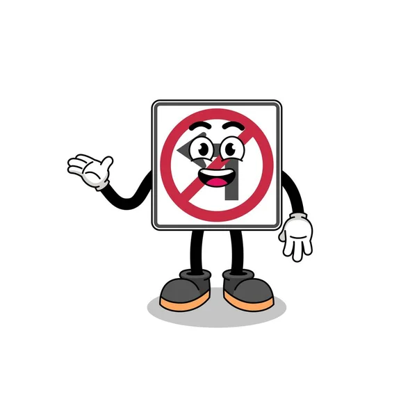 歓迎ポーズキャラクターデザインの左折禁止の道路標識漫画は — ストックベクタ