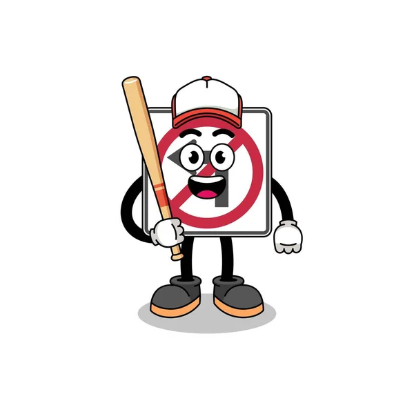 Kein Linksabbiegen Straßenschild Maskottchen Cartoon Als Baseball Spieler Charakter Design — Stockvektor