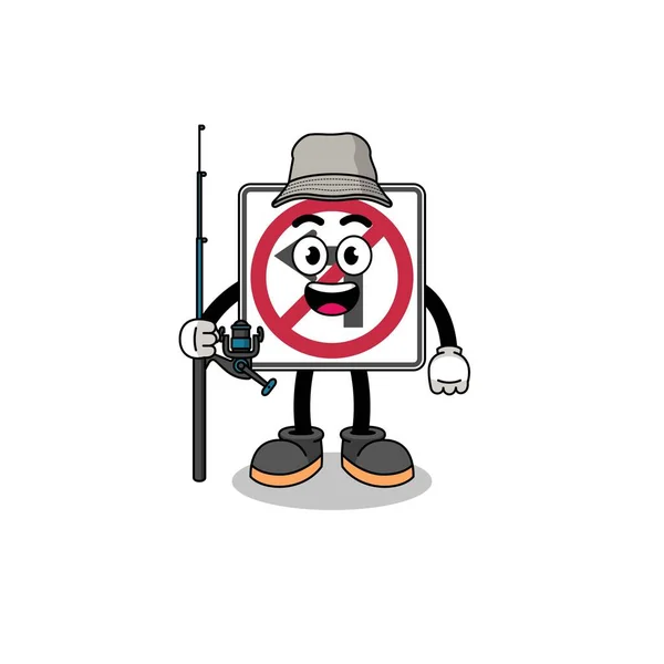 Mascot Εικονογράφηση Του Δεν Αριστερή Στροφή Δρόμο Πινακίδα Ψαρά Σχεδιασμός — Διανυσματικό Αρχείο