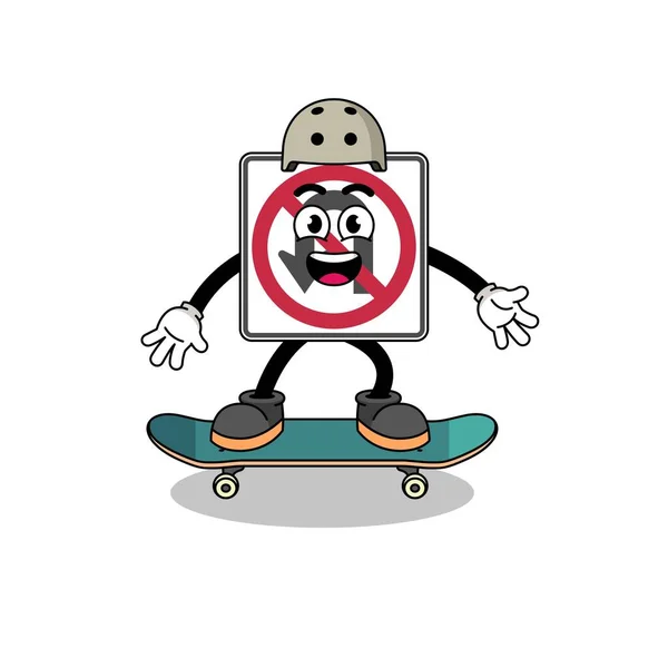 Pas Tourner Signe Route Mascotte Jouant Skateboard Character Design — Image vectorielle
