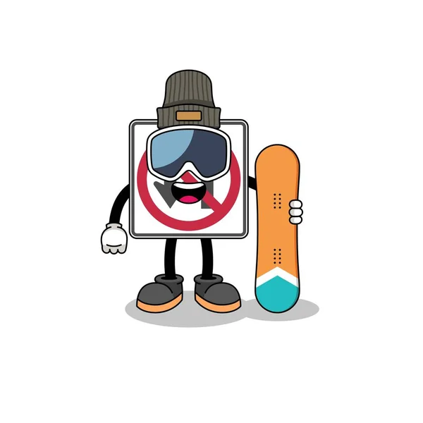 Dibujos Animados Mascota Ningún Jugador Snowboard Señal Carretera Giro Diseño — Vector de stock