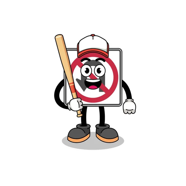 Turn Road Sign Mascote Cartoon Como Jogador Beisebol Design Personagem — Vetor de Stock