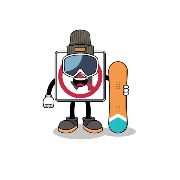 Caricatura Mascota Ningún Jugador Snowboard Señal Tráfico Izquierda Vuelta Diseño — Vector de stock