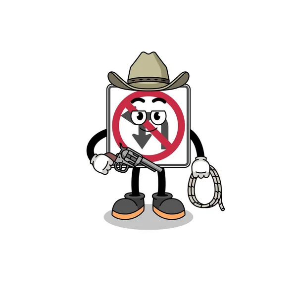 Character Mascot Left Turn Road Sign Cowboy Character Design — Stock Vector