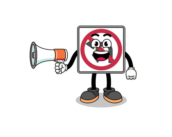 Keine Links Oder Kurve Verkehrszeichen Cartoon Illustration Hält Megafon Charakter — Stockvektor