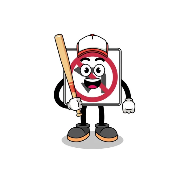 Kein Links Oder Turn Verkehrszeichen Maskottchen Cartoon Als Baseballspieler Charakterdesign — Stockvektor