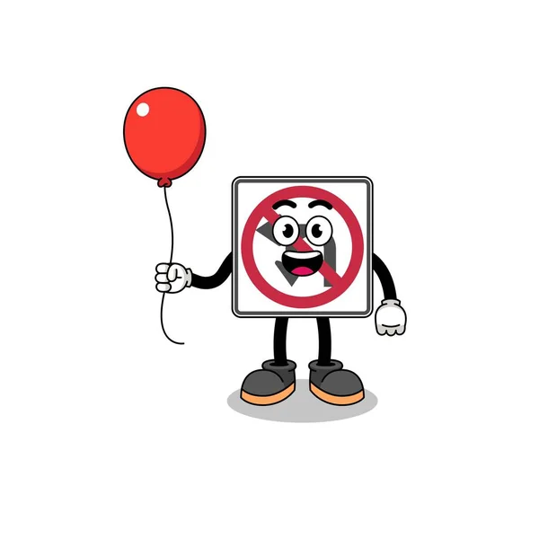 Cartoon Left Turn Road Sign Holding Balloon Character Design — Stock Vector