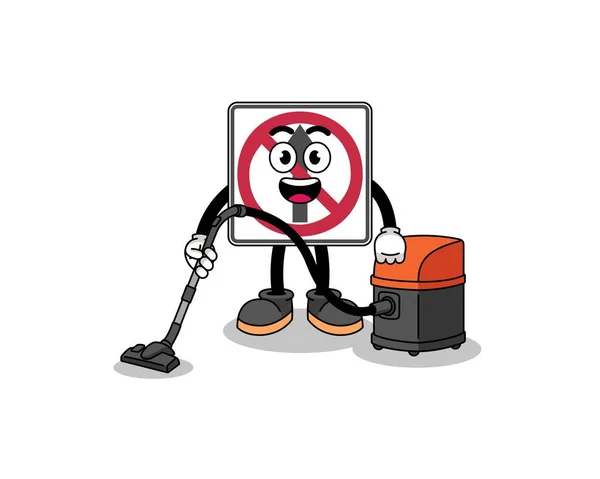 掃除機を保持している運動道路標識を通過しないキャラクターマスコット キャラクターデザイン — ストックベクタ