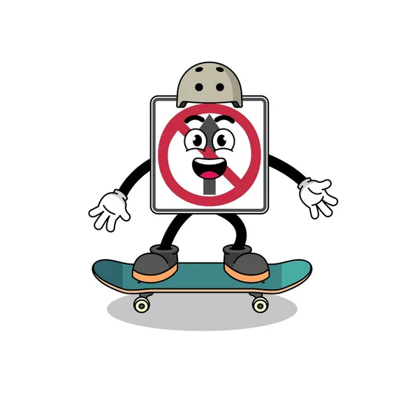 Ingen Thru Rörelse Vägskylt Maskot Spelar Skateboard Karaktär Design — Stock vektor