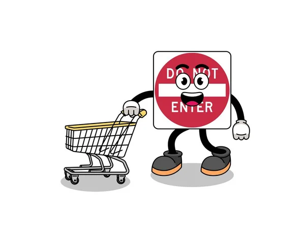 Cartoon Von Nicht Eingeben Verkehrszeichen Mit Einem Einkaufswagen Charakter Design — Stockvektor