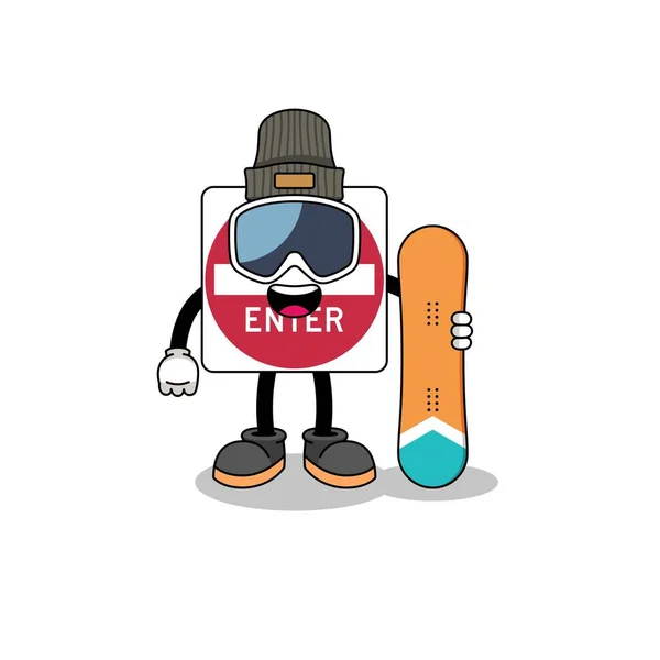 Mascota Dibujos Animados Entrar Camino Signo Snowboard Jugador Diseño Personajes — Vector de stock