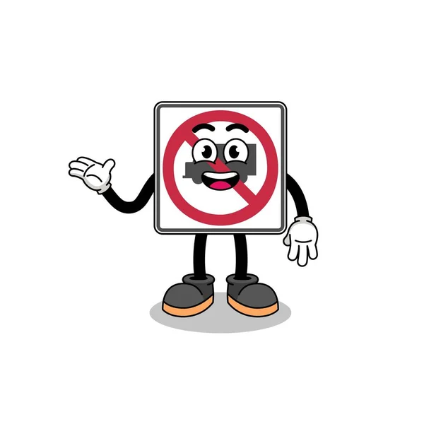 Geen Vrachtwagens Verkeersbord Cartoon Met Welkomstpose Karakter Ontwerp — Stockvector