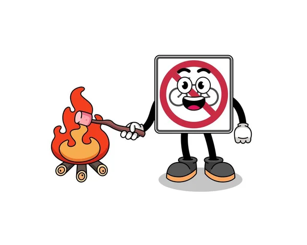 Illustratie Van Geen Fietsen Verkeersbord Branden Van Een Marshmallow Karakter — Stockvector