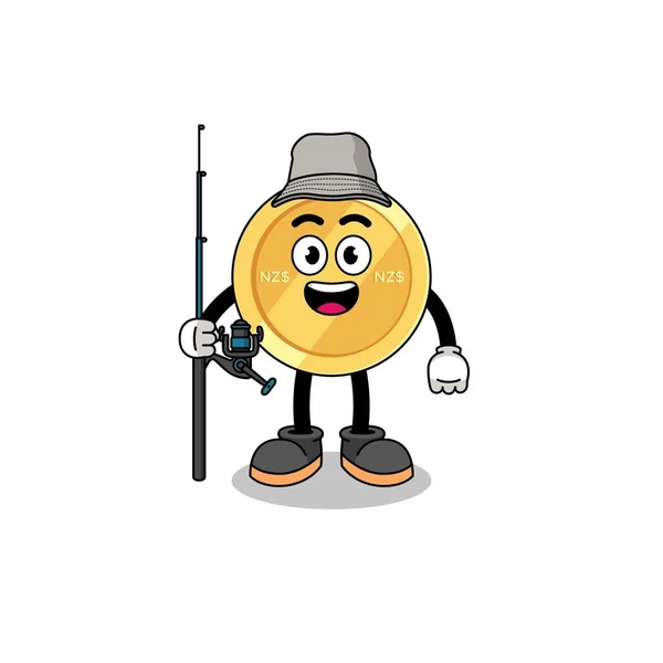 Mascot Illustration New Zealand Dollar Fisherman Character Design — Stock Vector