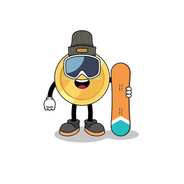 Mascotte Cartoon Van Nieuwe Zealand Dollar Snowboard Speler Karakter Ontwerp — Stockvector