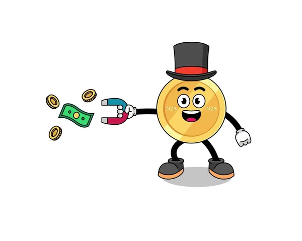 Character Illustration New Zealand Dollar Catching Money Magnet Character Design — Stock Vector