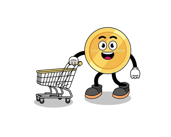 Cartoon Norwegian Krone Holding Shopping Trolley Character Design — 스톡 벡터