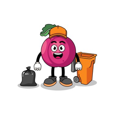 Çöp toplayıcısı olarak erik meyvesi karikatürü, karakter tasarımı