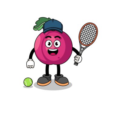 Tenis oyuncusu olarak erik meyvesi çizimi, karakter tasarımı