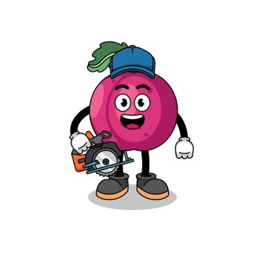 Ahşap işçisi olarak erik meyvesinin çizgi film çizimi, karakter tasarımı