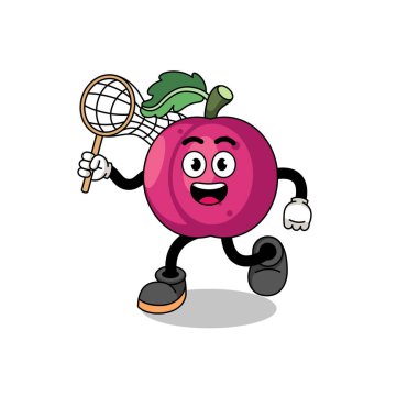 Bir kelebek yakalayan erik meyvesi karikatürü, karakter tasarımı