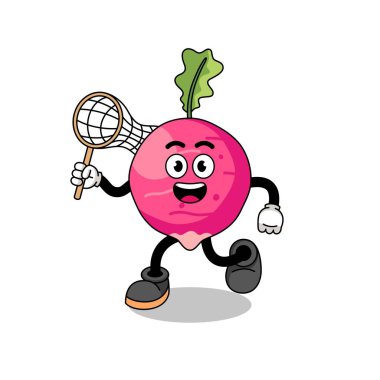 Kelebek yakalayan turp karikatürü, karakter tasarımı.