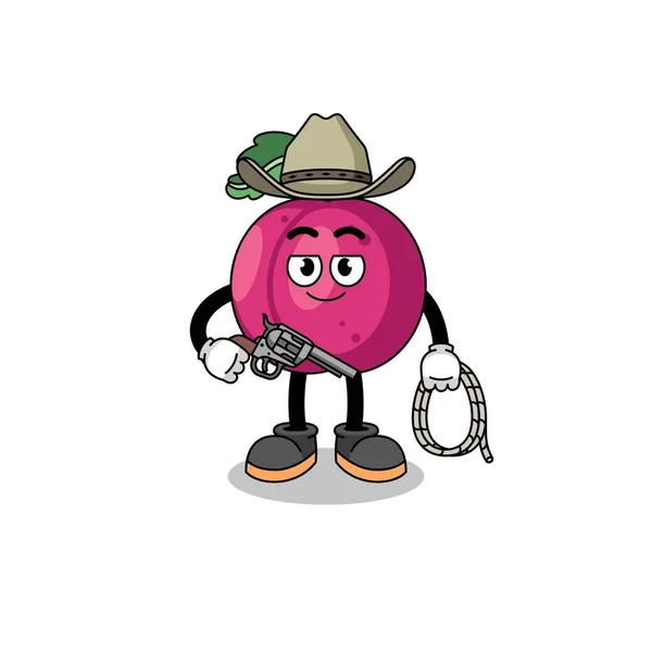 Carattere Mascotte Frutta Prugna Come Cowboy Character Design — Vettoriale Stock