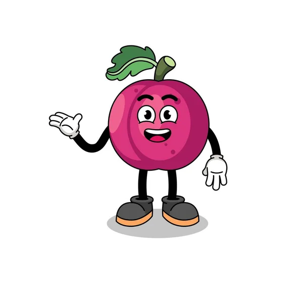 Plum Fruit Cartoon Welcome Pose Character Design — Stock Vector