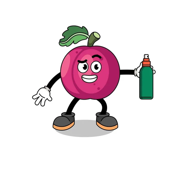 Plum Fruit Illustration Cartoon Holding Mosquito Repellent Character Design — Stock Vector