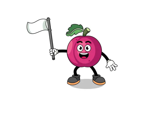 Cartoon Illustration Plum Fruit Holding White Flag Character Design — Stock Vector