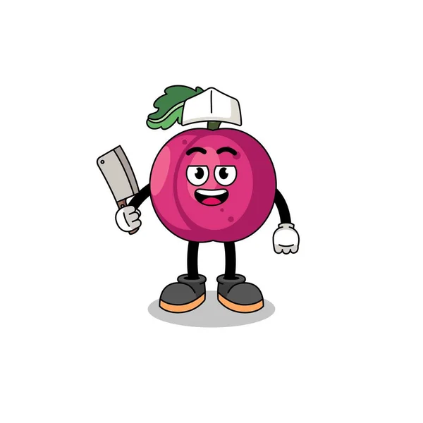 Mascot Plum Fruit Butcher Character Design — Stock Vector
