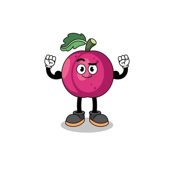 Mascot Cartoon Plum Fruit Posing Muscle Character Design — Stock Vector