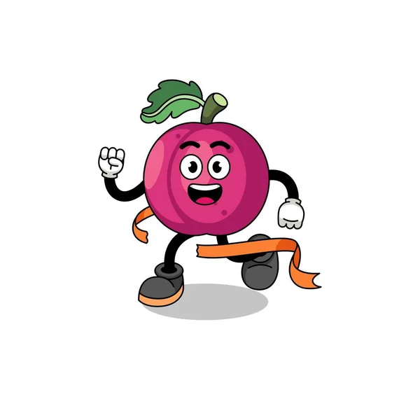 Dibujos Animados Mascota Fruta Ciruela Corriendo Línea Meta Diseño Personajes — Vector de stock