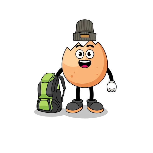 Ilustración Mascota Del Huevo Agrietado Como Excursionista Diseño Personajes — Vector de stock