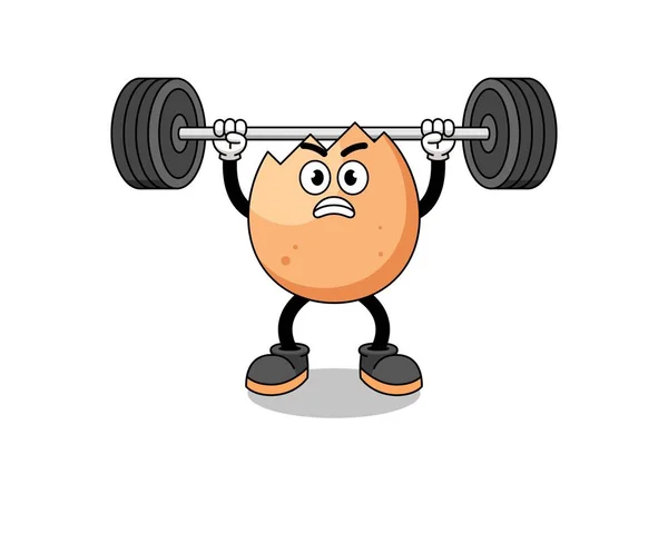 Cracked Egg Mascot Cartoon Lifting Barbell Character Design — Stock Vector