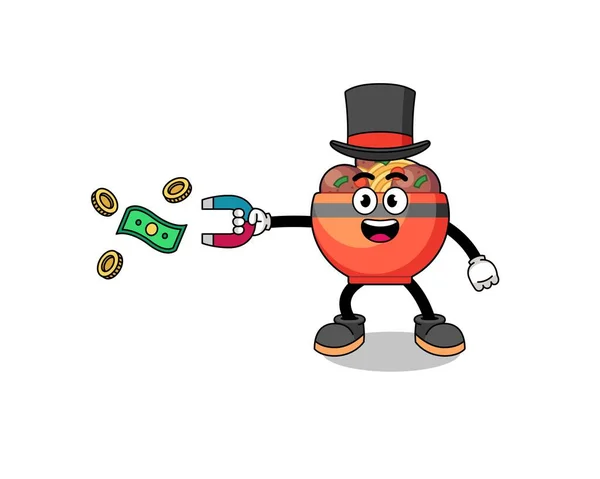 Character Illustration Meatball Bowl Catching Money Magnet Character Design — Stock Vector