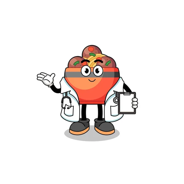 Cartoon Mascot Meatball Bowl Doctor Character Design — Stock Vector