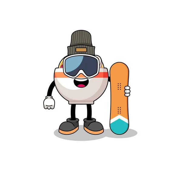 Mascot Cartoon Noodle Bowl Snowboard Player Character Design — Stock Vector