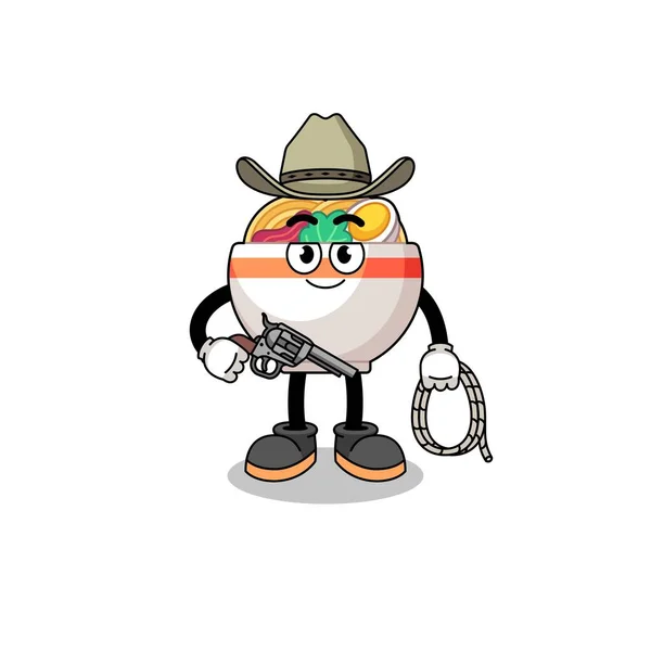 Character Mascot Noodle Bowl Cowboy Character Design — Stock Vector