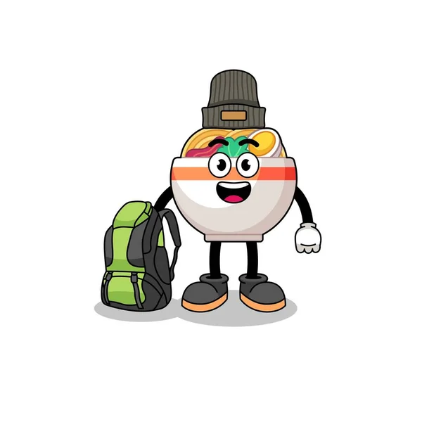 Ilustración Mascota Del Tazón Fideos Como Excursionista Diseño Personajes — Vector de stock